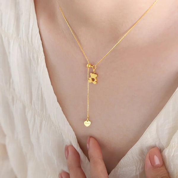 Luxury Gold Bear Pendant Necklace – Delicate Lariat Jewelry for Girls & Women