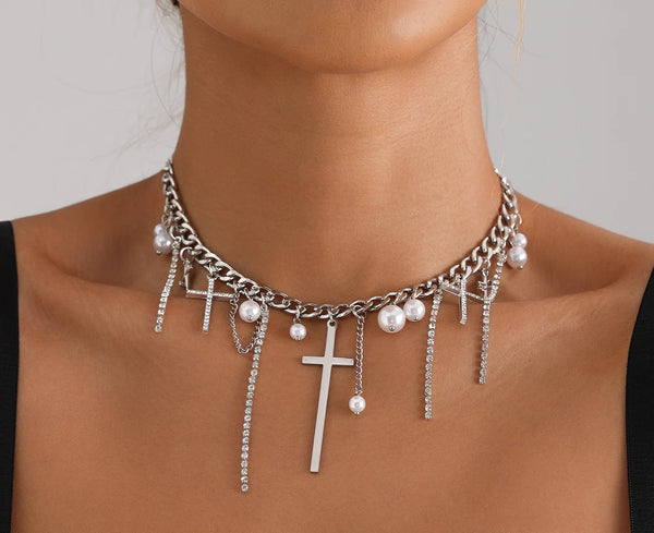 Glamorous Silver Cross Tassel Necklace Luxury Silver Clavicle Chain with Crystals
