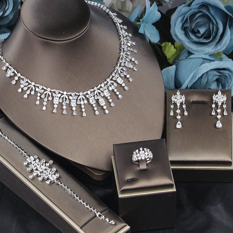 Elegant Wedding Zircon Jewelry Set – Necklace, Earrings, Bracelet & Ring for Brides