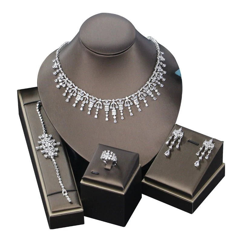 Elegant Wedding Zircon Jewelry Set – Necklace, Earrings, Bracelet & Ring for Brides