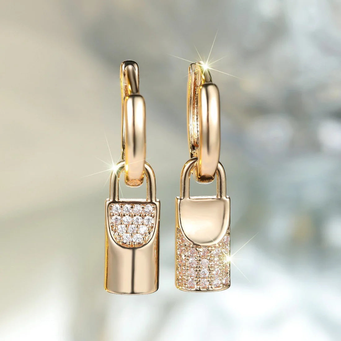 Luxury Champagne Gold Padlock Drop Earrings with Crystal Detailing