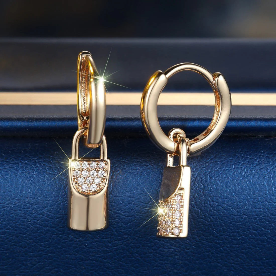 Luxury Champagne Gold Padlock Drop Earrings with Crystal Detailing