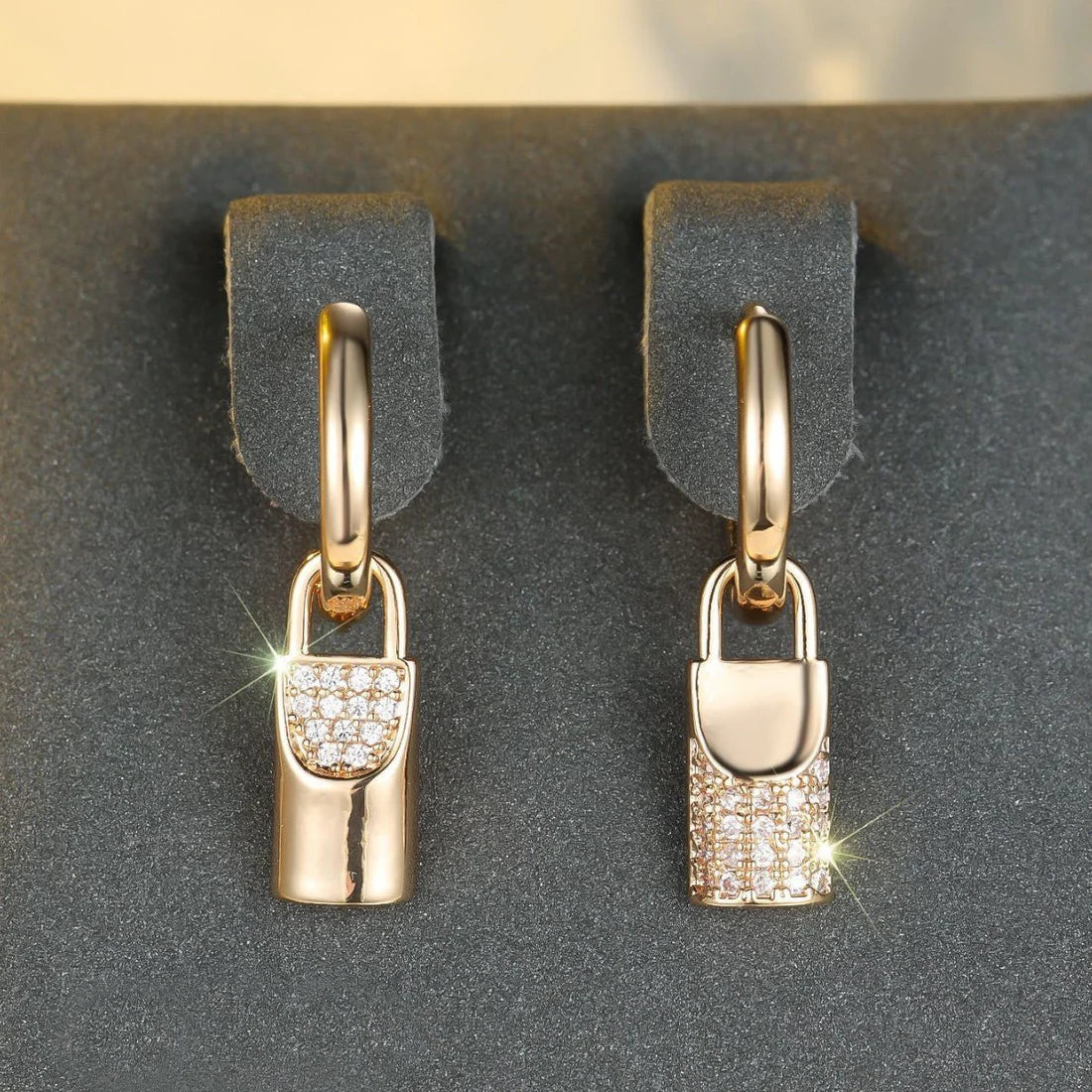 Luxury Champagne Gold Padlock Drop Earrings with Crystal Detailing