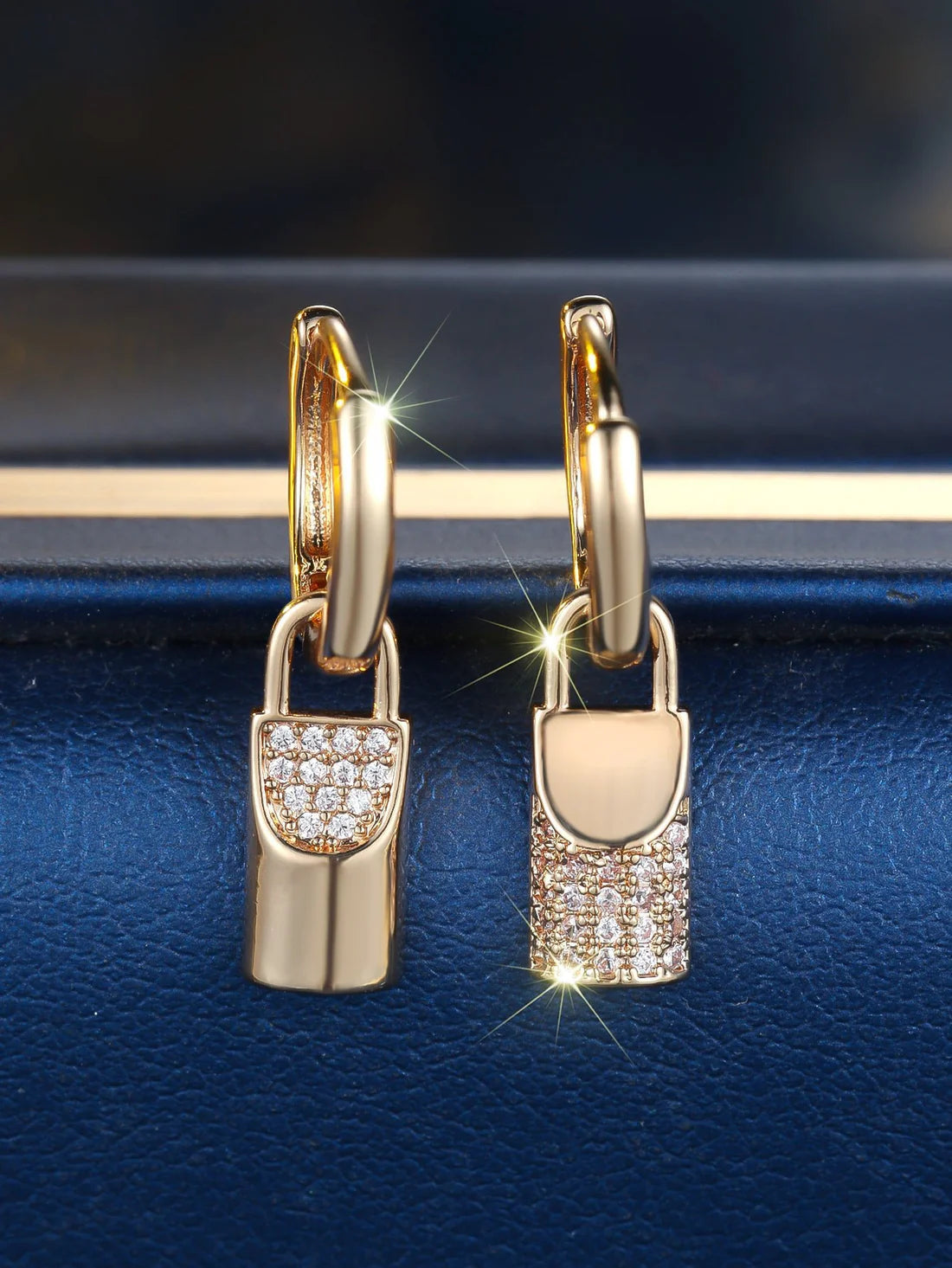 Luxury Champagne Gold Padlock Drop Earrings with Crystal Detailing