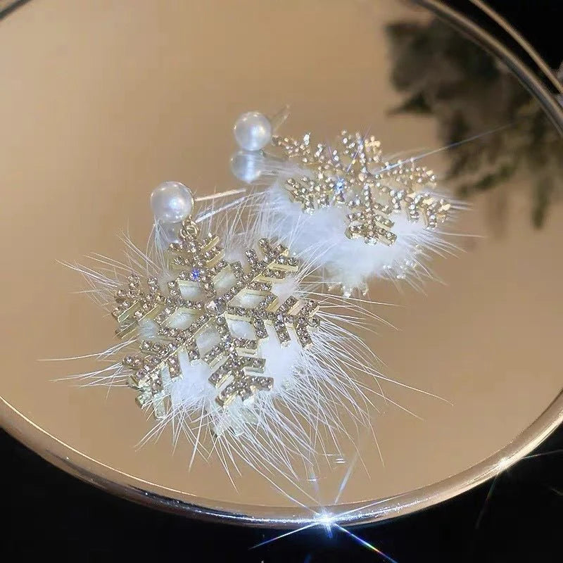 Luxury Snowflake Crystal Earrings with Pearl and Plush Accent for Women