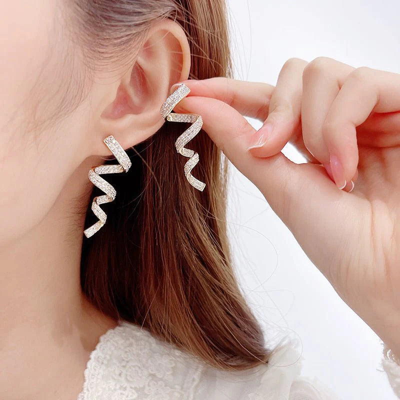 Trendy Cold Wind Spiral Earrings with Sparkling Zircon Stones