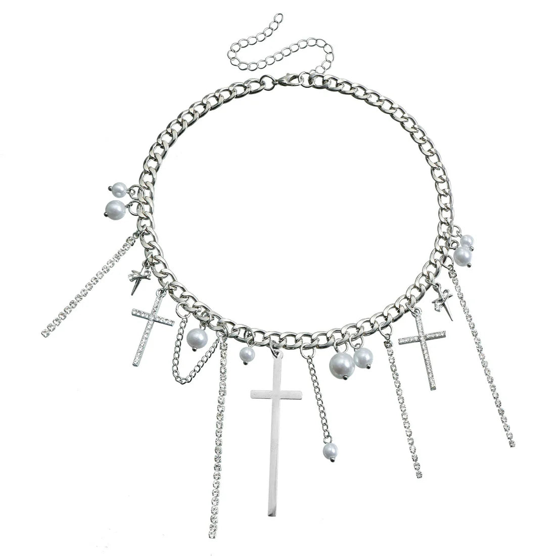 Glamorous Silver Cross Tassel Necklace Luxury Silver Clavicle Chain with Crystals