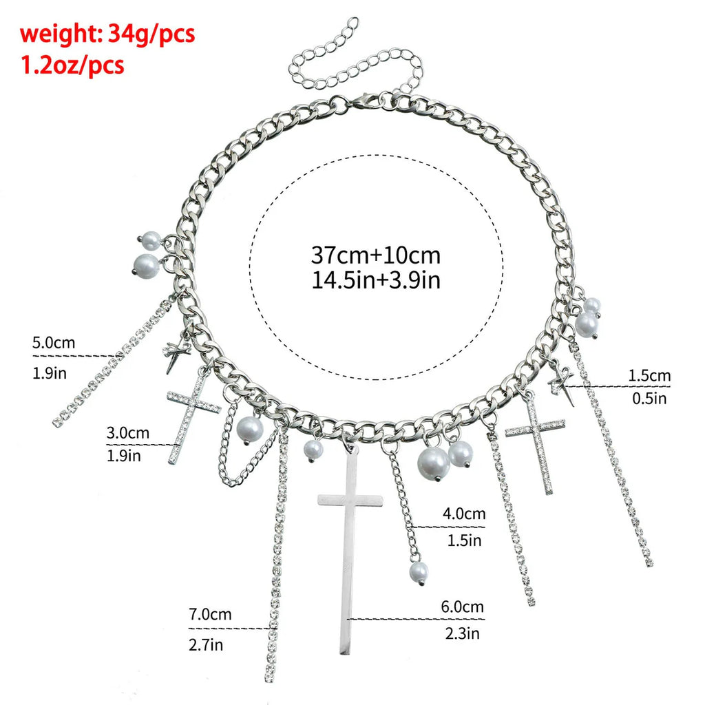 Glamorous Silver Cross Tassel Necklace Luxury Silver Clavicle Chain with Crystals