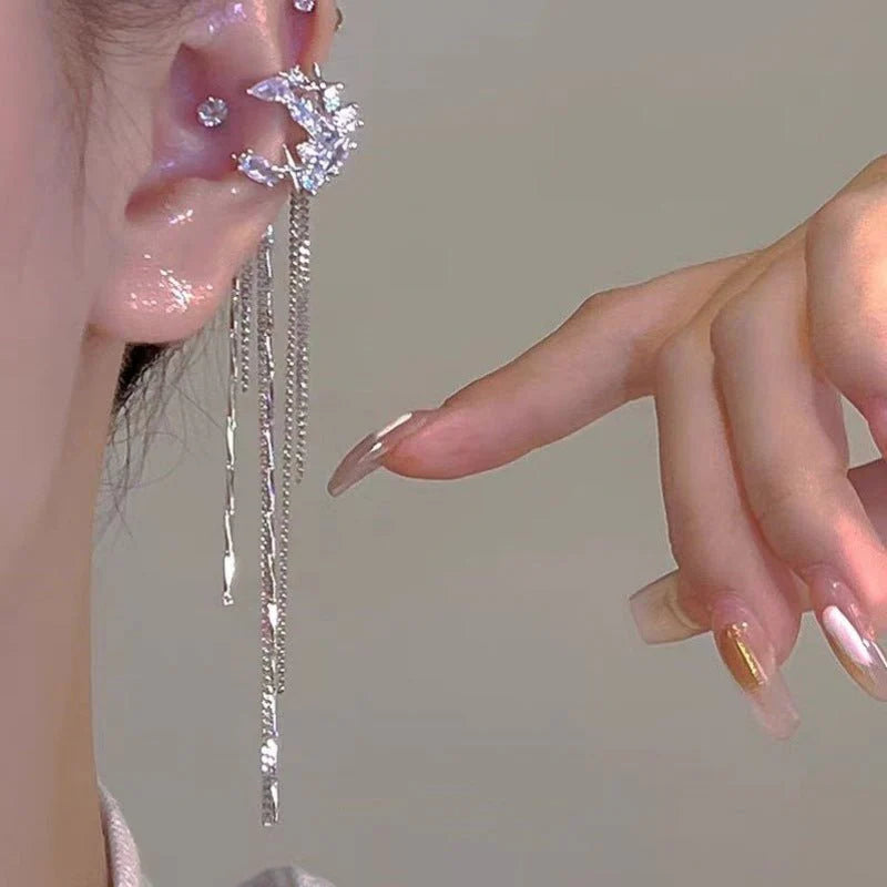 Luxury Zircon Star Moon Ear Cuff with Tassel – Non-Pierced Style