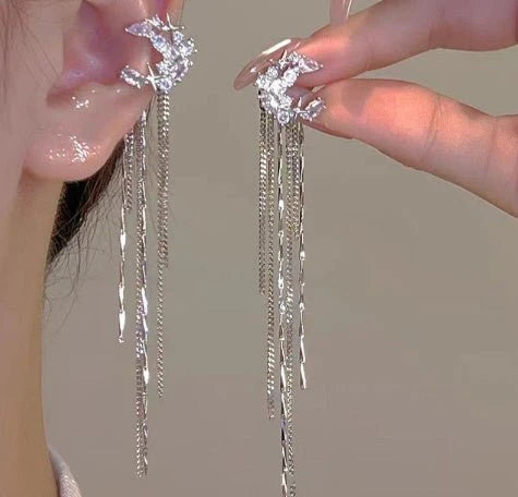 Luxury Zircon Star Moon Ear Cuff with Tassel – Non-Pierced Style