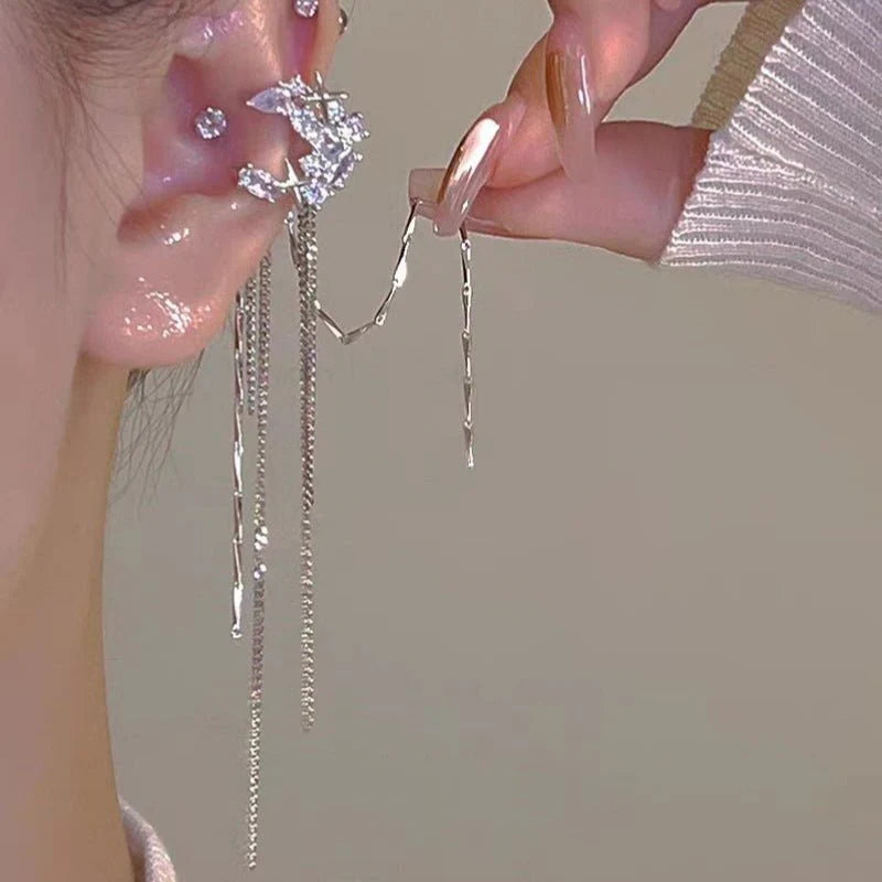 Luxury Zircon Star Moon Ear Cuff with Tassel – Non-Pierced Style