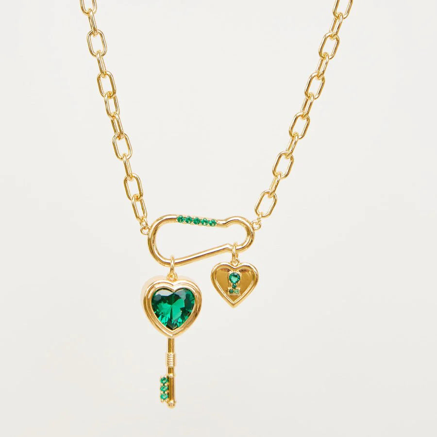 Gold Emerald Key Necklace – Sparkling Zircon Love Heart Jewelry