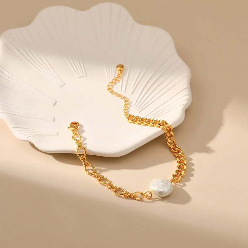 Handmade Pearl Stitching Shell Bracelet – Trendy Irregular Design