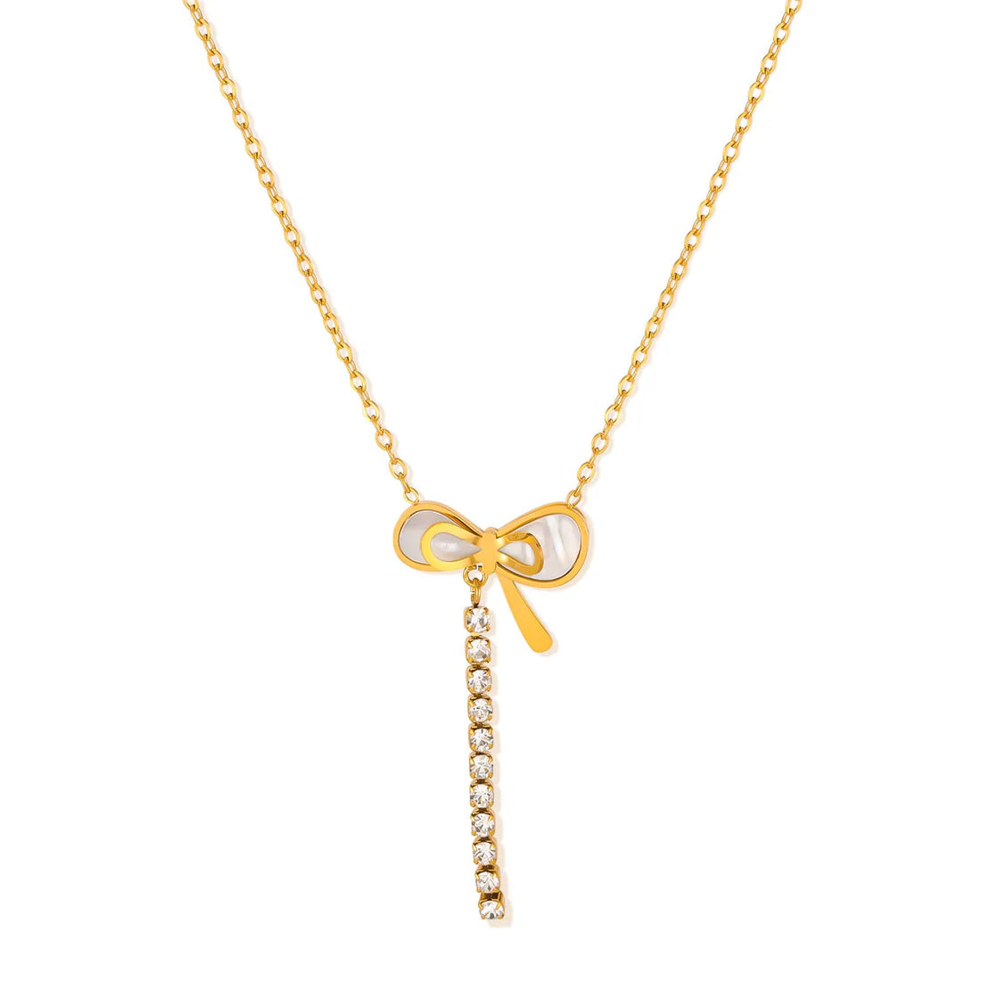 Luxury Mother of Pearl Bow Necklace with Crystal Tassel – Titanium Steel