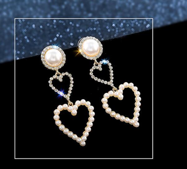 Romantic Double Heart Pearl Statement Earrings