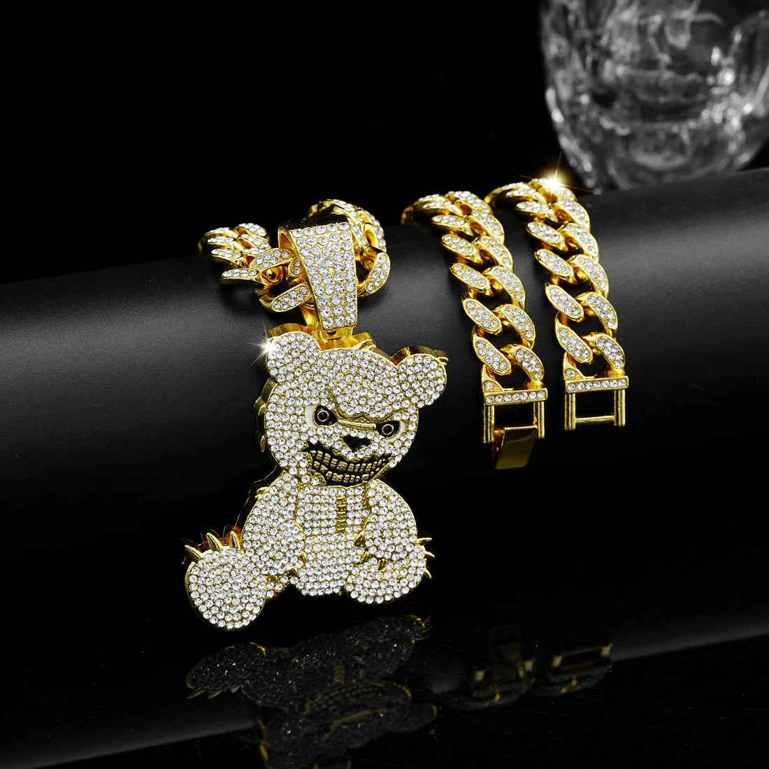 Luxury Iced Bear Necklace – Men’s Hip Hop Bling Pendant with Cuban Link Chain