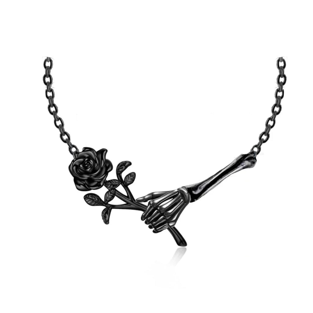 Dark Romance Skeleton Hand Rose Necklace Luxury S925 Skeleton Hand with Rose Pendant