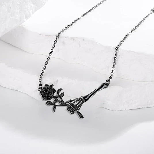 Dark Romance Skeleton Hand Rose Necklace Luxury S925 Skeleton Hand with Rose Pendant