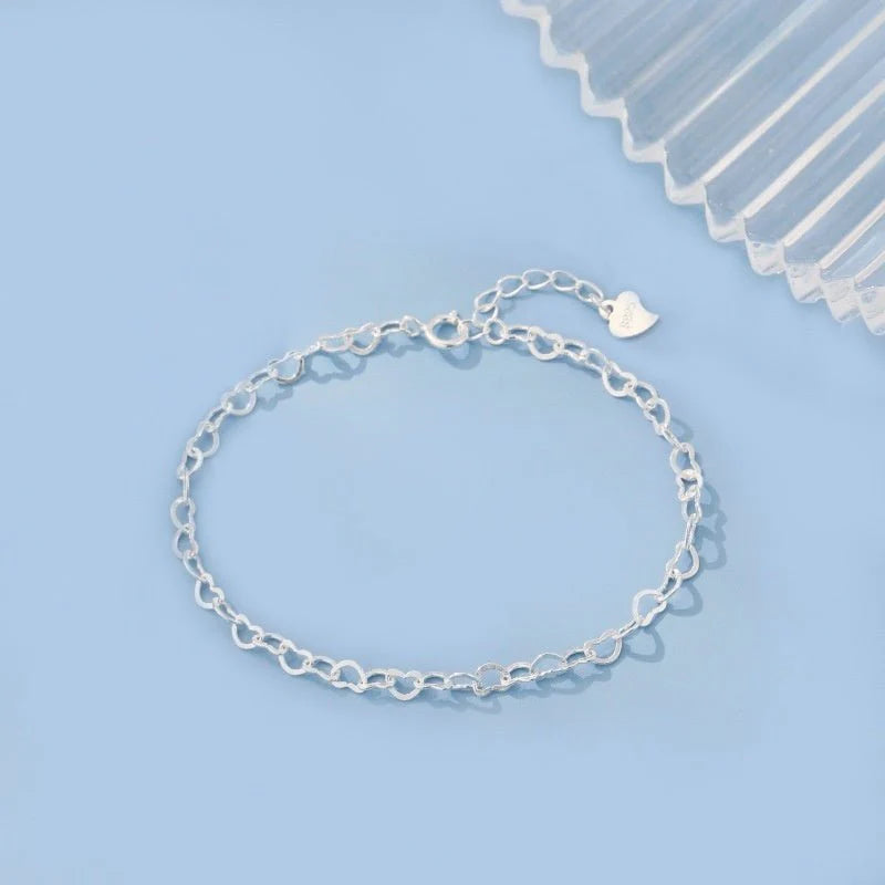 S925 Sterling Silver Heart Link Bracelet – Minimalist Romantic Jewelry for Women