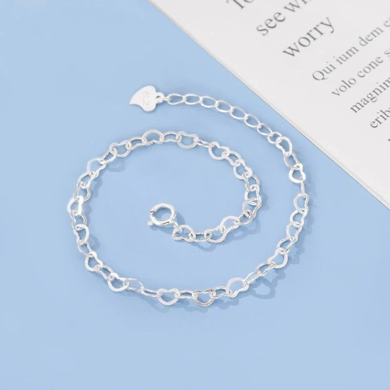 S925 Sterling Silver Heart Link Bracelet – Minimalist Romantic Jewelry for Women