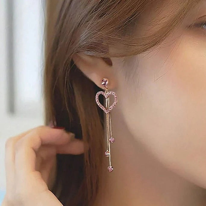 Glamour Heart Crystal Tassel Earrings – Elegant Pink Zircon Drops