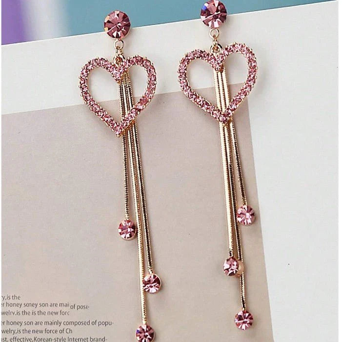 Glamour Heart Crystal Tassel Earrings – Elegant Pink Zircon Drops