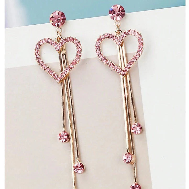Glamour Heart Crystal Tassel Earrings – Elegant Pink Zircon Drops