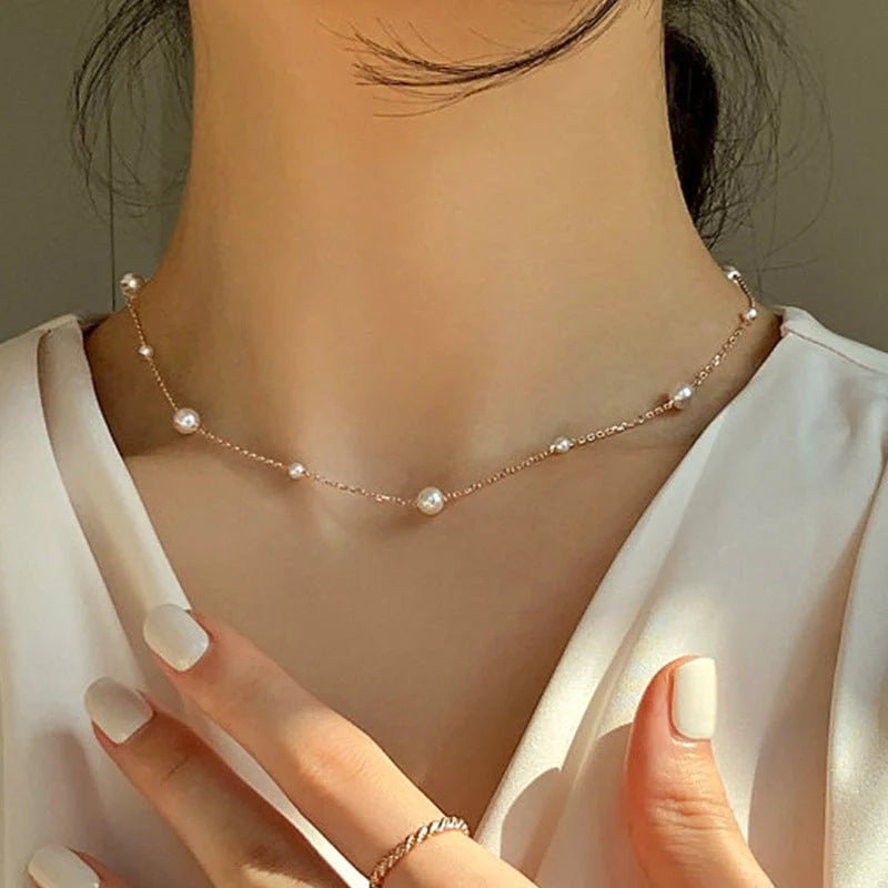 Classic Pearl Choker Necklace – Minimalist Gold Chain, Vintage-Inspired Luxury