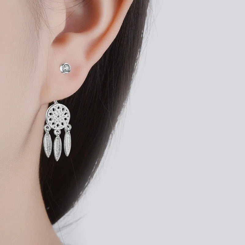 Trendy Bohemian Feather Dream Catcher Stud Earrings