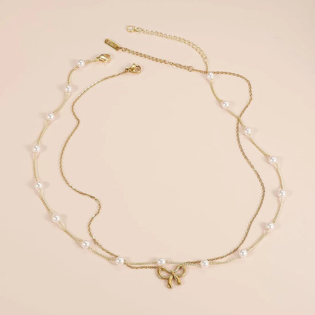 Two-Layer Bow & Pearl Necklace – Simple yet Luxurious Women’s Jewelry