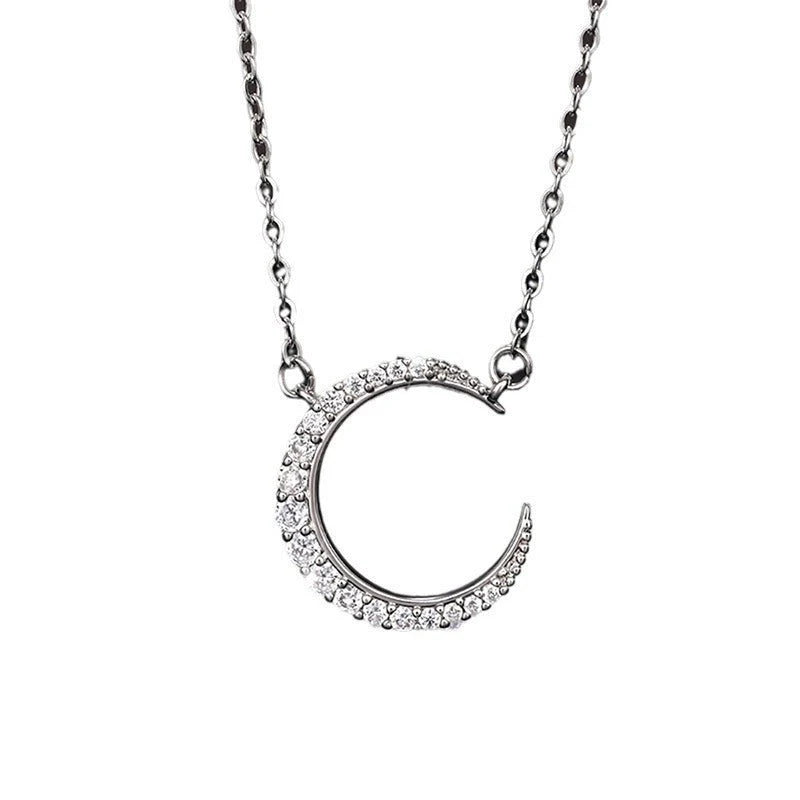 Sparkling Crescent Moon Necklace – Elegant Silver Zircon Pendant for Women